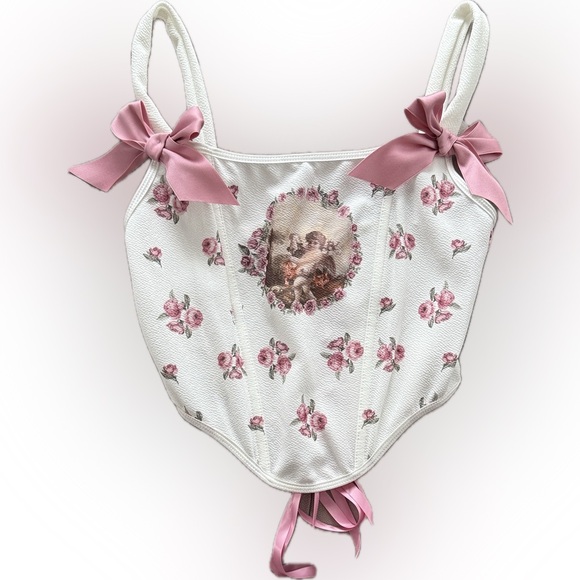 Tops - White Floral Corset Top with Pink Ribbon Bows